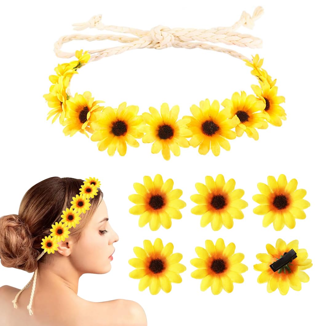 Youery Flower Headband, Sunflower Hair Accessories, Sunflower Headband with 6 Hair Clips, Goose Flowers, Flower Headpiece for Wedding, Beach, Travel, Party