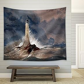 an Engraved Vintage Colour Illustration of Eddystone Lighthouse - Fabric Wall Tapestry Home Decor - 51x60 inches