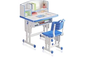 WGLAWL Kids' Study Desk Chair Sets, Blue, Adjustable Height, Ergonomic Design, with Large Storage Drawer and Bookshelf, Suitable for Ages 3-18