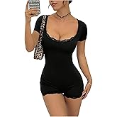 SweatyRocks Women's Plunge Scoop Neck Lace Trim Skinny Stretchy Romper Sexy Cap Sleeve Shorts Bodysuit Jumpsuit