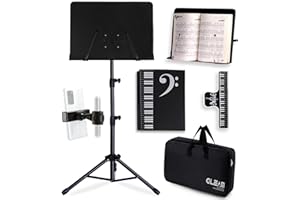 GLEAM Sheet Music Stand - Full Metal with Carrying Bag, Phone Holder, Sheet Music Folder and Clip, 5 in 1 Desktop Book Stand - Black