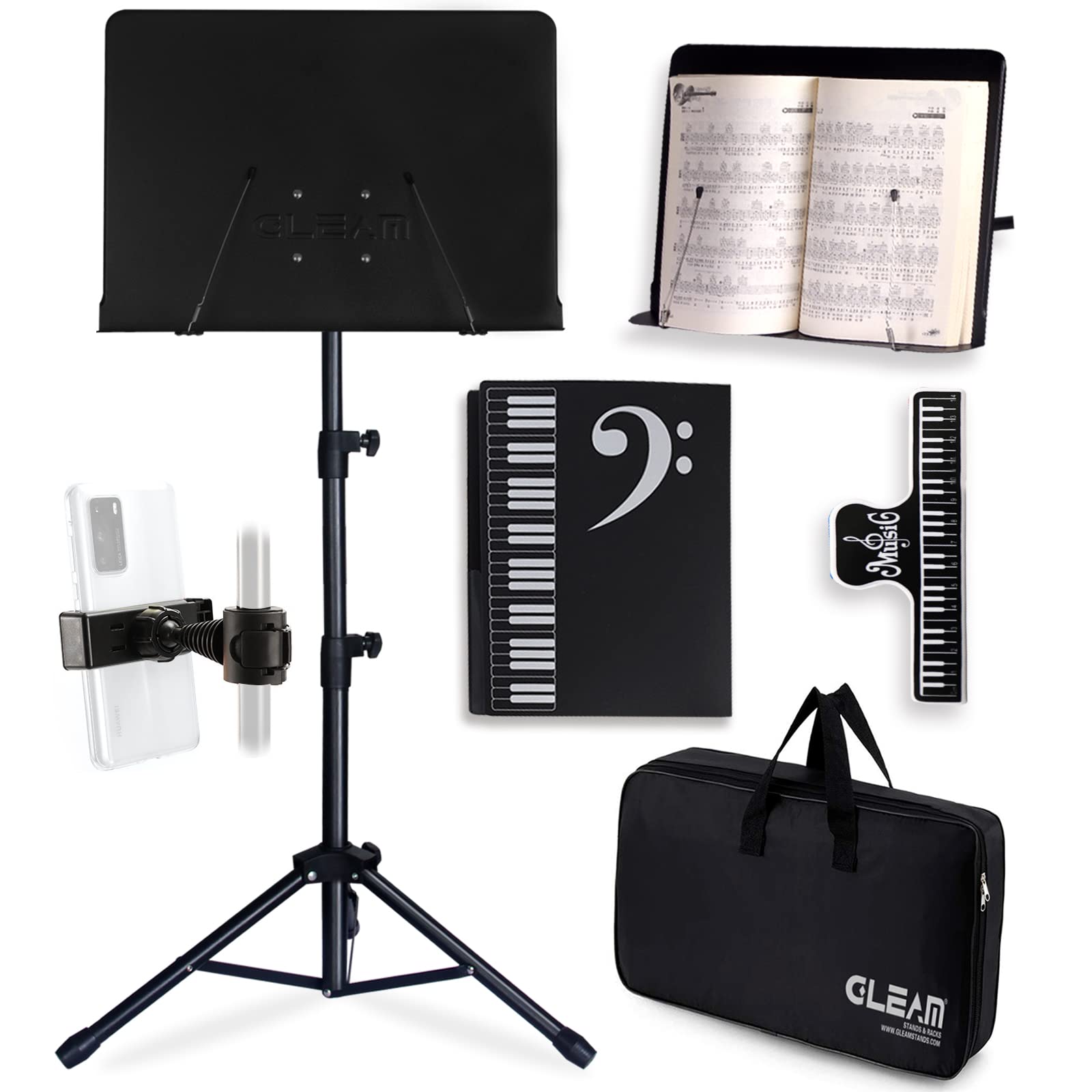 Photo 1 of GLEAM Sheet Music Stand - Full Metal with Carrying Bag, Phone Holder, Sheet Music Folder and Clip, 5 in 1 Desktop Book Stand