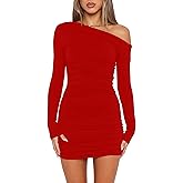 Mokoru Women's Sexy Elegant Off Shoulder Long Sleeve Ruched Bodycon Cocktail Party Mini Dresses