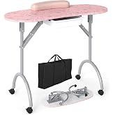 GIANTEX Foldable Nail Table with Drawer, Portable Manicure Table, Pink | Mobile Nail Tech Desk Station, Lockable Casters, Wrist Rest, Carry Bag, for Home Salon Studio