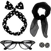Sdfvsdg 50s Set 50's Costume Accessories Chiffon Scarf Cat Eye Glasses Bandana Tie Headband Earrings for Cosplay Party