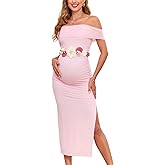 CYCLAMEN Off Shoulder Maternity Mesh Split Dress Ruched Fitted Pregnancy Dresses Baby Shower Photoshoot, Without Belt