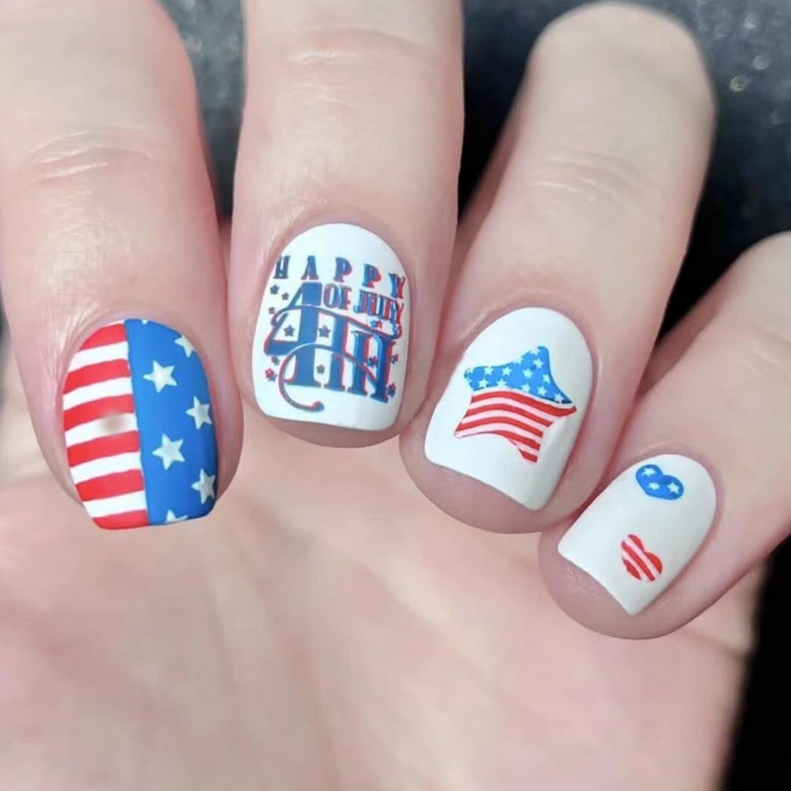 Photo 1 of 24 Pcs Matte 4th of July Press on Nails Short Square Fake Nails Independence Day False Nails with Stars Stripes letter Design Red White Blue Nails Acrylic Nails Press ons Glue-Free Nails for Women x3