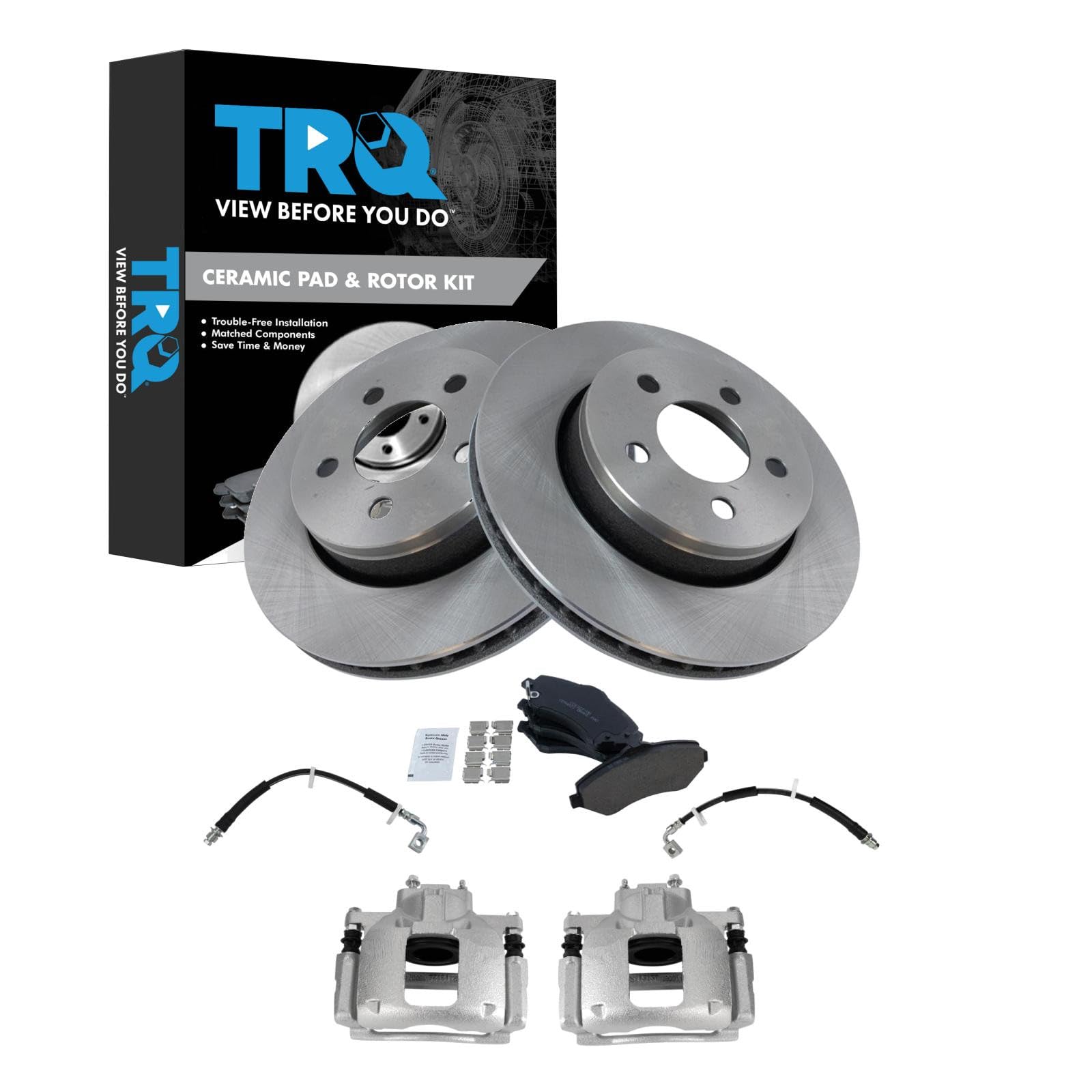 TRQ Front Brake Pad and Rotor Set Ceramic 302mm Rotors Calipers Hoses Compatible with 2007-2011 Dodge Nitro 2008-2012 Jeep Liberty Image
