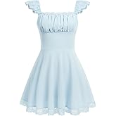 OBEEII Women's Square Neck Strap Lace Mini Dress Flowy A-Line Ruffle Swing Casual Summer Short Dress Party Graduation Dress