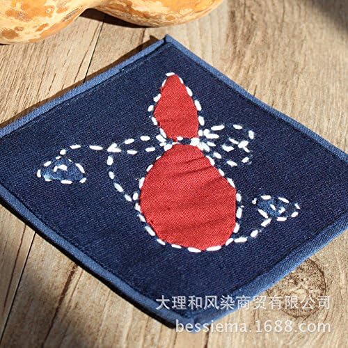 Blue Words Japanese Coasters Insulation Tablecloths Cloth Cotton Embroidery Tea Ceremony Small Blue Padded Cloth Spines gourd Square