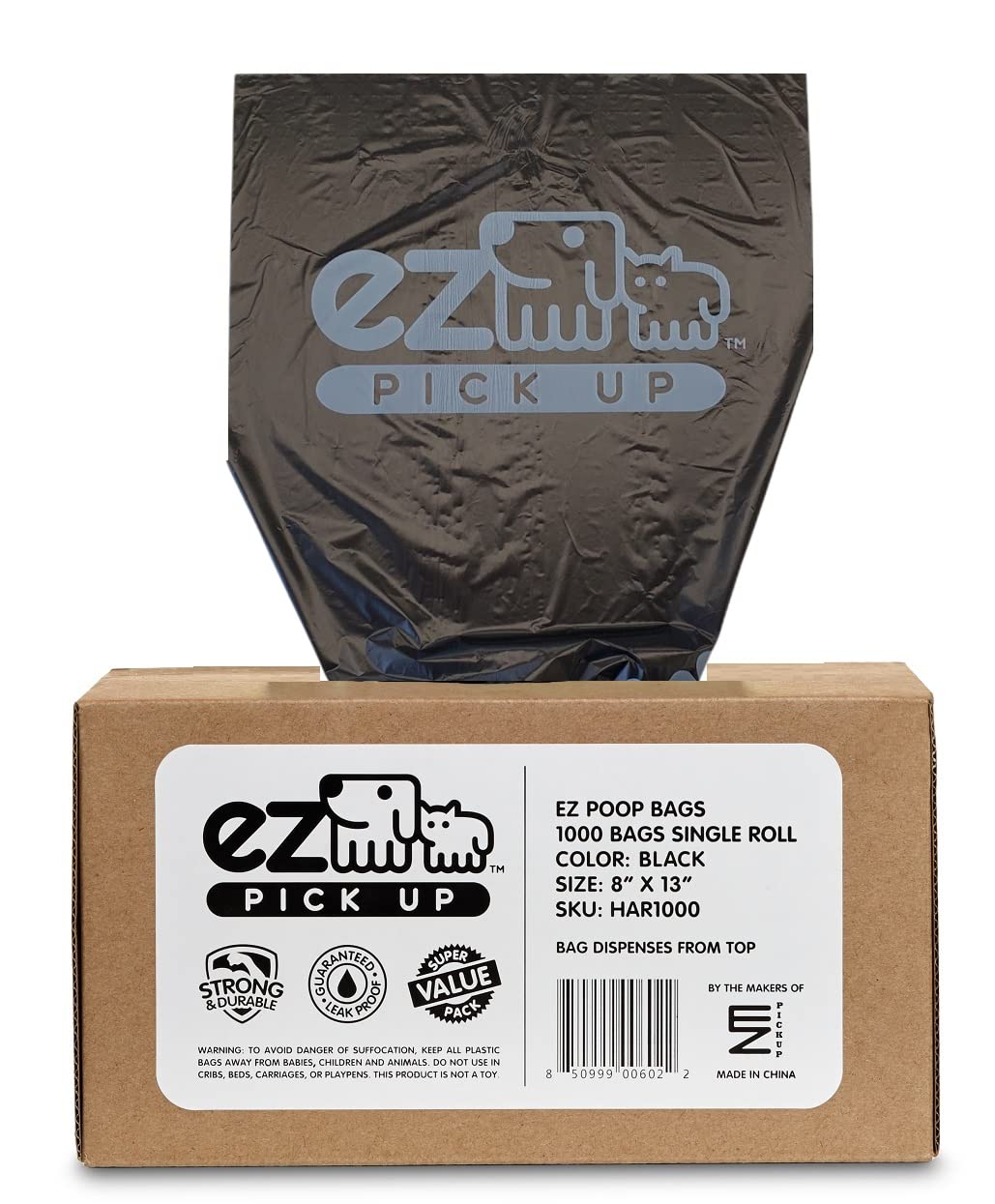 Photo 1 of 1000 EZ Pick Up Dog Waste Bags, Poop Bag, Black Color, Large Poopy Puppy Training, 8"x13" Size