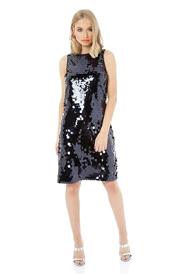 Roman Originals Damen Shift-Kleid mit Paillettenbesatz - Damen Weihnachtsfeier Paillettenbesatz Reißverschluss Rundhalsaussch