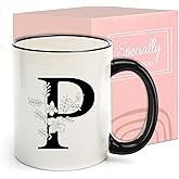 Monogram Ceramic Coffee Mugs, 11 oz Initial Drinking Cup with Gift Box, Unique Birthday Valentines Day Gifts for Women Wife Mothers Day Grandma Mom Aunt, P