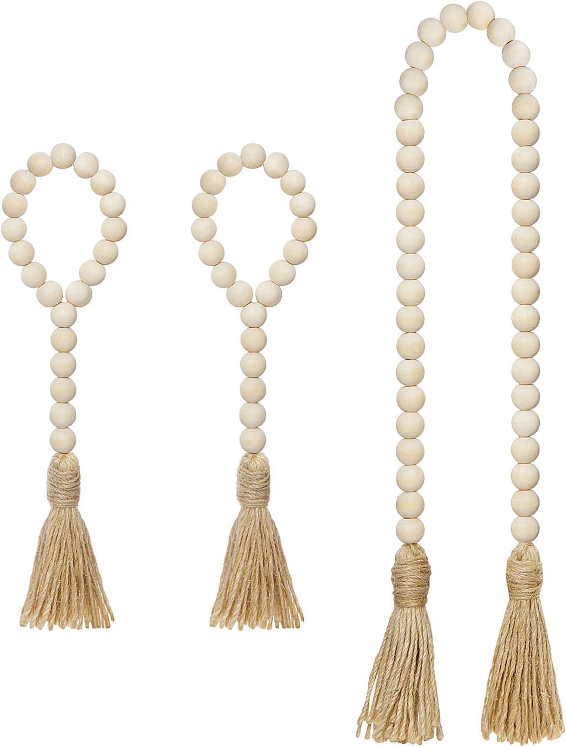 Mkono Wooden Beads Garland with Tassels 3 Pcs Prayer Beads Farmhouse Rustic Wood Bead String Wall Hanging Decor for Baby Nursery Room, Wedding Vase Ornament, Ivory
