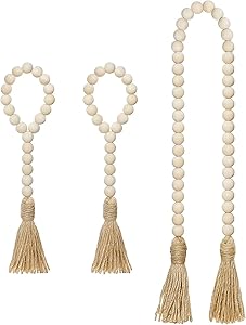 Mkono Wooden Beads Garland with Tassels 3 Pcs Prayer Beads Farmhouse Rustic Wood Bead String Wall Hanging Decor for Baby Nursery Room, Wedding Vase Ornament, Ivory