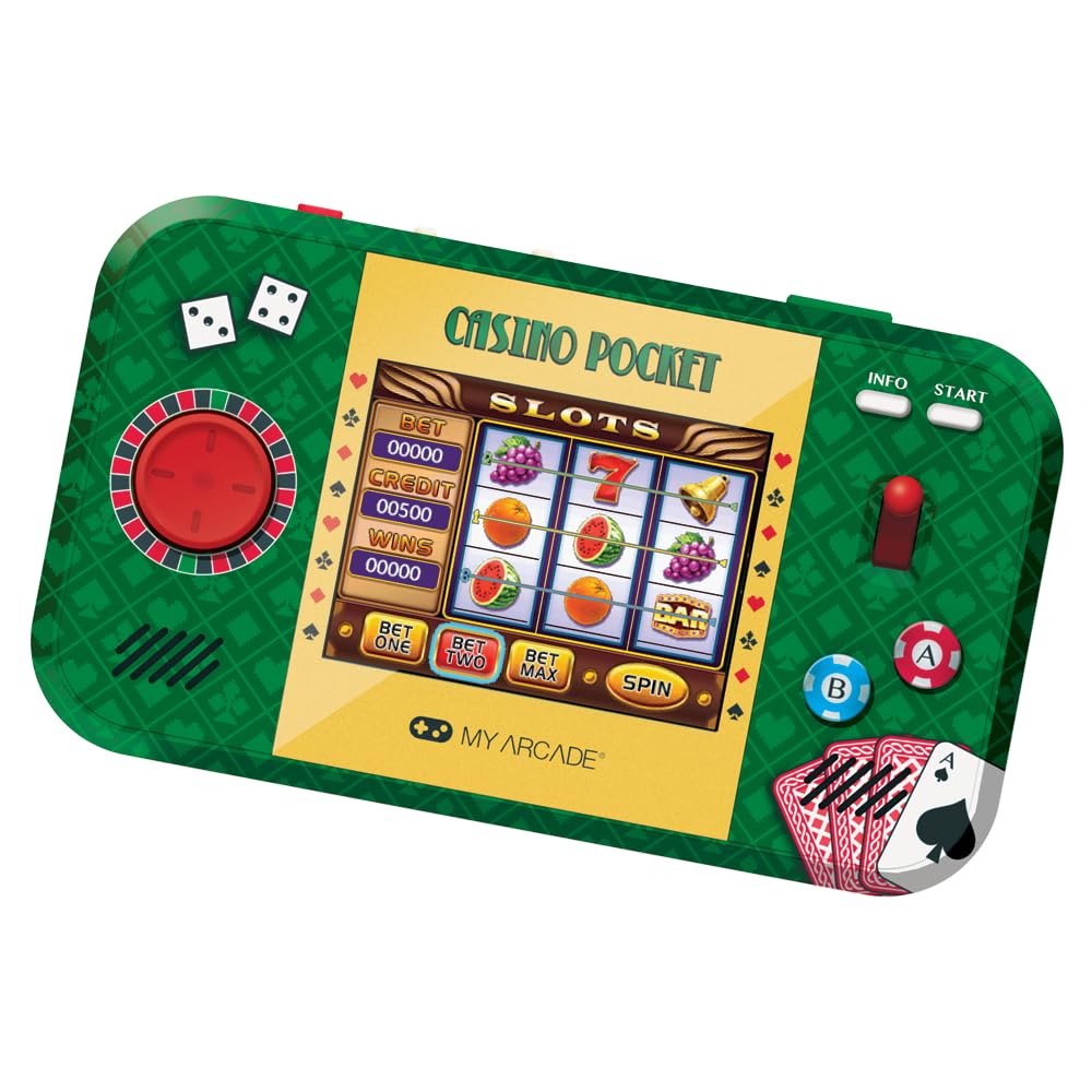 MY ARCADE Poche casino : jeu d'arcade rétro casino, batterie rechargeable, comprend étui de voyage et protecteur d'écran, roulette, poker, blackjack et plus encore