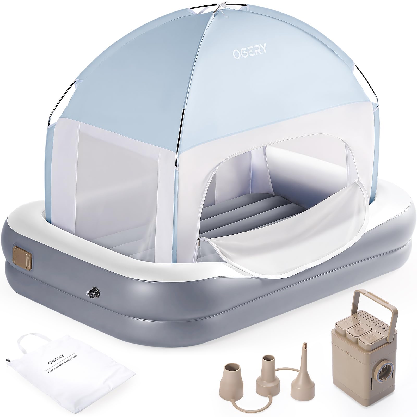 Photo 1 of OGERY Inflatable Toddler Travel Bed with Cordless Rechargeable and Detachable Air Pump and Tent, Portable Kids Air Mattress with 4 Sides Safety Bumpers Ideal for Home, Grandma's, Camping, Traveling