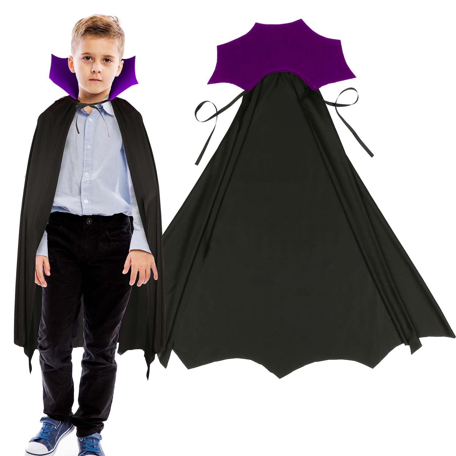 DKINY Kids Dracula Cape, Black Vampire Cape with Purple Collar, Dracula Fancy Dress Costume, Wizard Magic Cloak for Boys Girls Carnival World Book Day Halloween Role Play Party