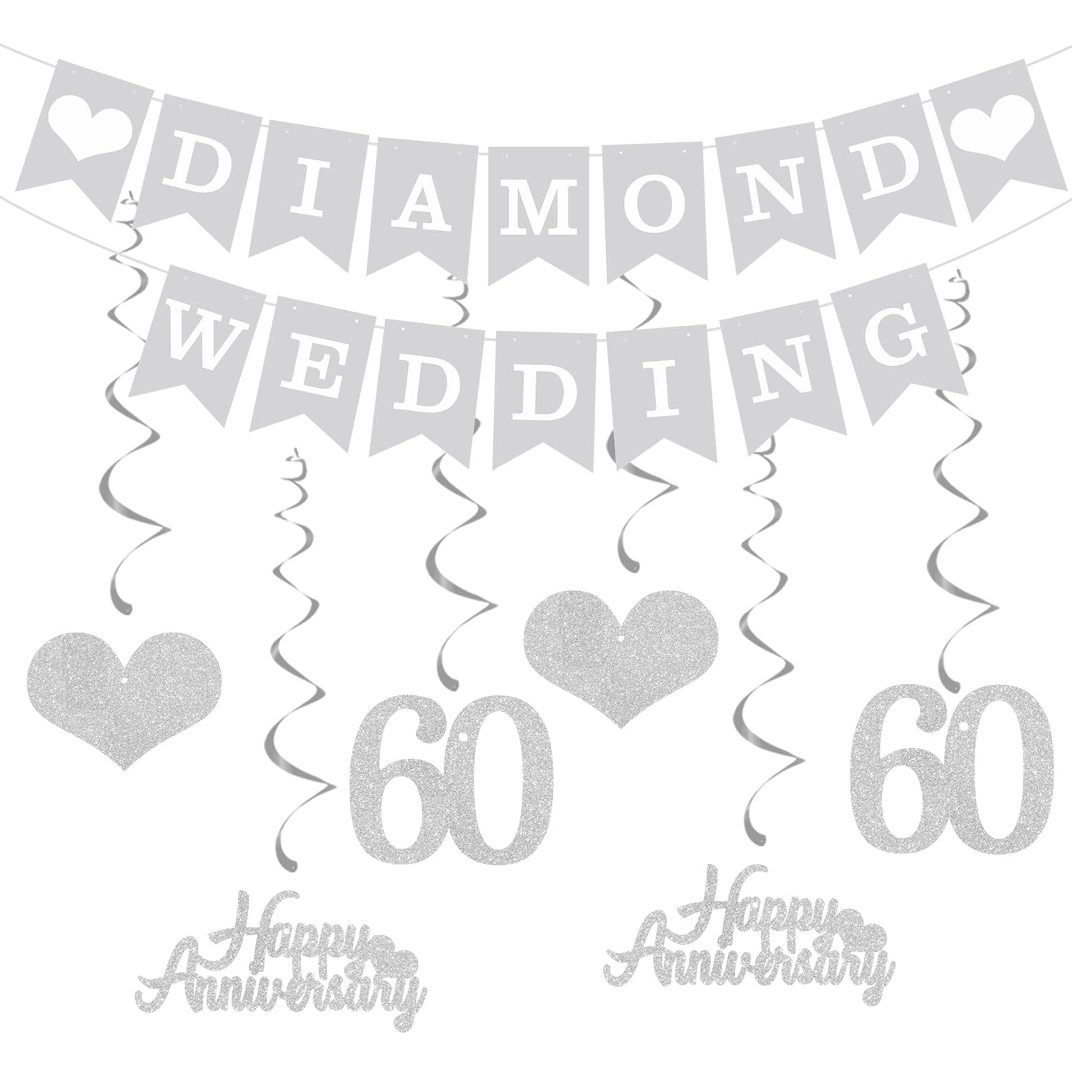 Elicola 60th Anniversary Decorations Diamond Wedding Banner Hanging Swirls Happy 60th Anniversary Bunting Backdrop for Party Decorations