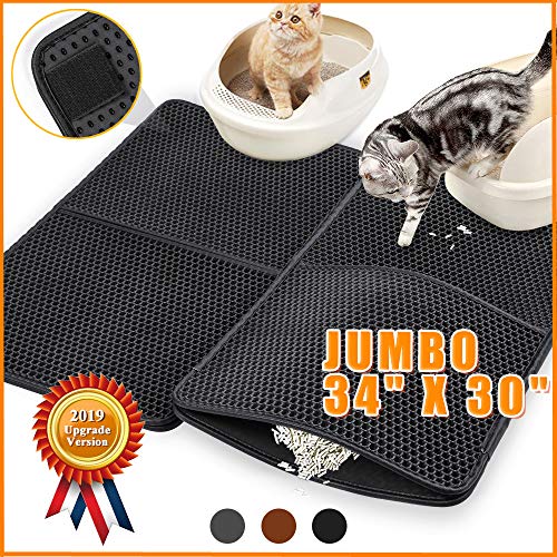 Cat Litter Catcher Mat Jumbo Size 34" x 30", Honeycomb Double Layer Cat Litter Mat for Litter Box, Extra Large Waterproof Trap Cat Litter Box Mat Trapper Trapping with PU Leather Edge, Can be Spliced