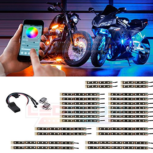 LEDGlow 26pc Advanced Million Color LED Flexible Motorcycle Lighting Strip Kit - Bluetooth-Connected Smartphone App - 258 LEDs - Waterproof Control Box - Dual Zone Control - 2 Wireless Remotes