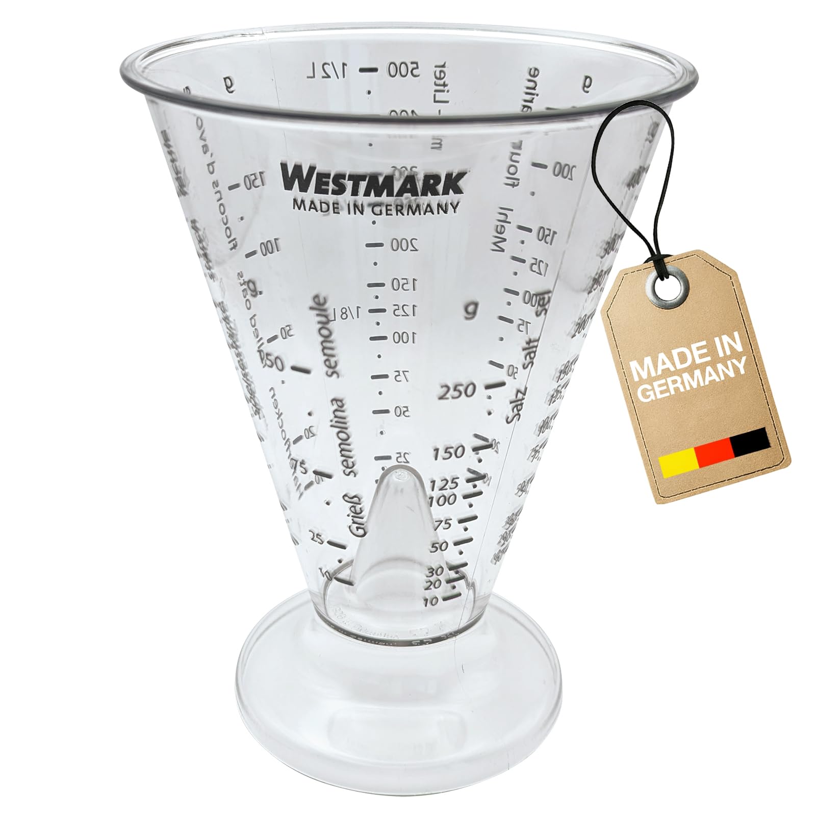 Westmark Measuring Beaker, with Precision Measuring Cone, Multilingual Measuring Scales and Various Units of Measurement, Funnel Shape, Volume: 0.5 Litres, Plastic, Gerda, Transparent, 30762270 — image 1