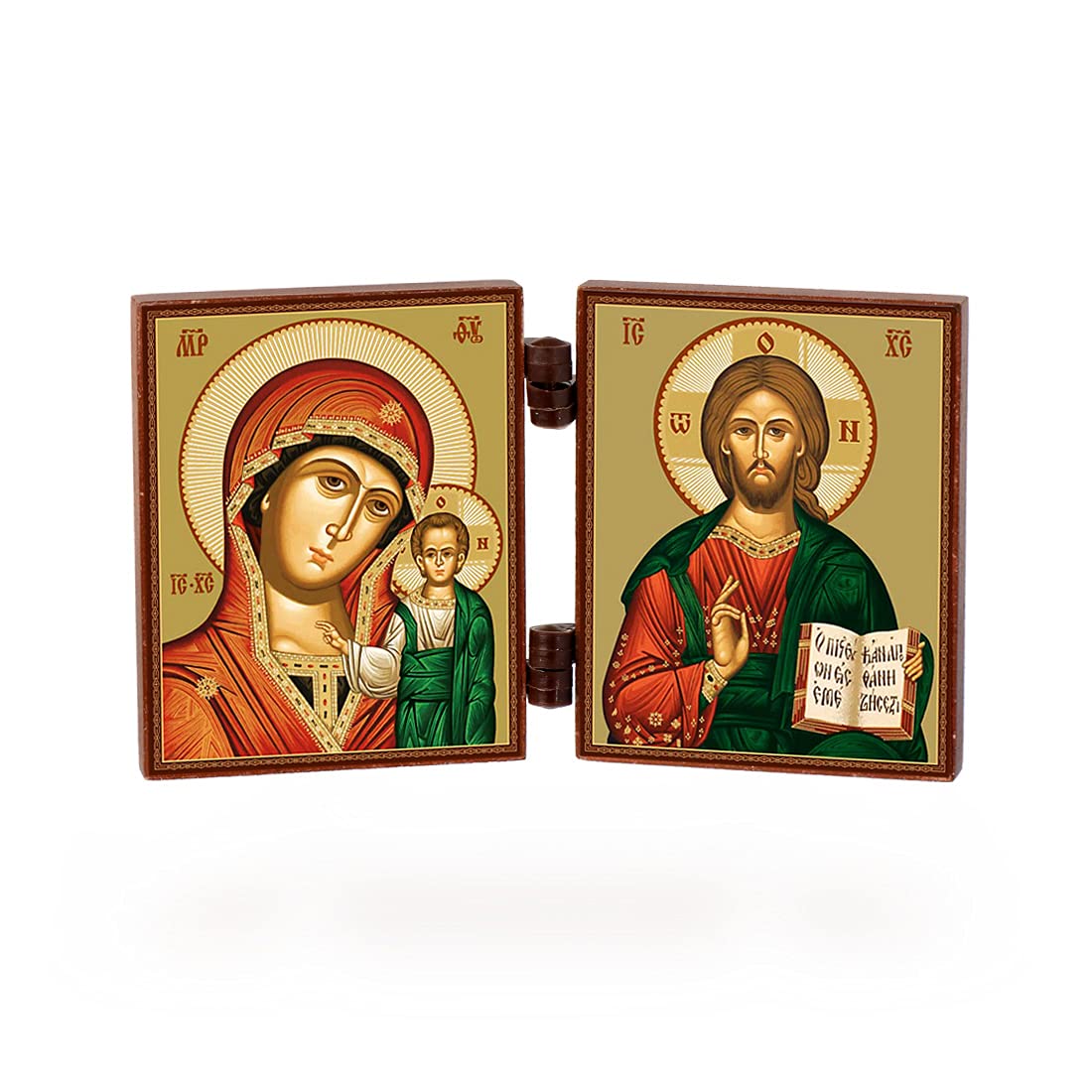 NKlaus - Mother of God of Kazan & Jesus Christ - Christian Icon Triptych - Kazanskaya I Spasitel - travel altar wood 36174
