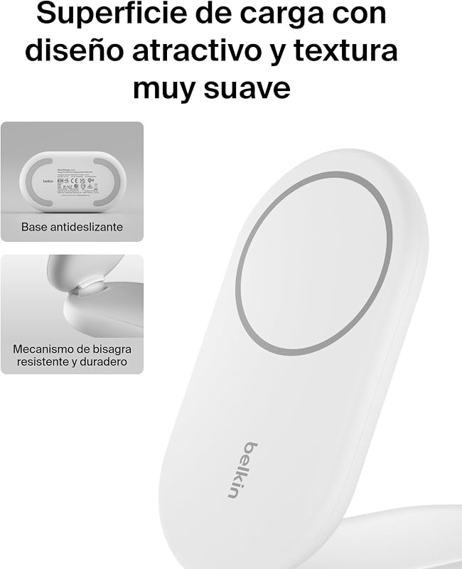 BoostCharge Cargador Magnético Plegable Qi2 15W, Estación de Carga Inalámbrica Compatible con MagSafe, Carga Rápida para iPhone 17, Air, Pixelsnap, Base con Soporte Antideslizante - Blanco