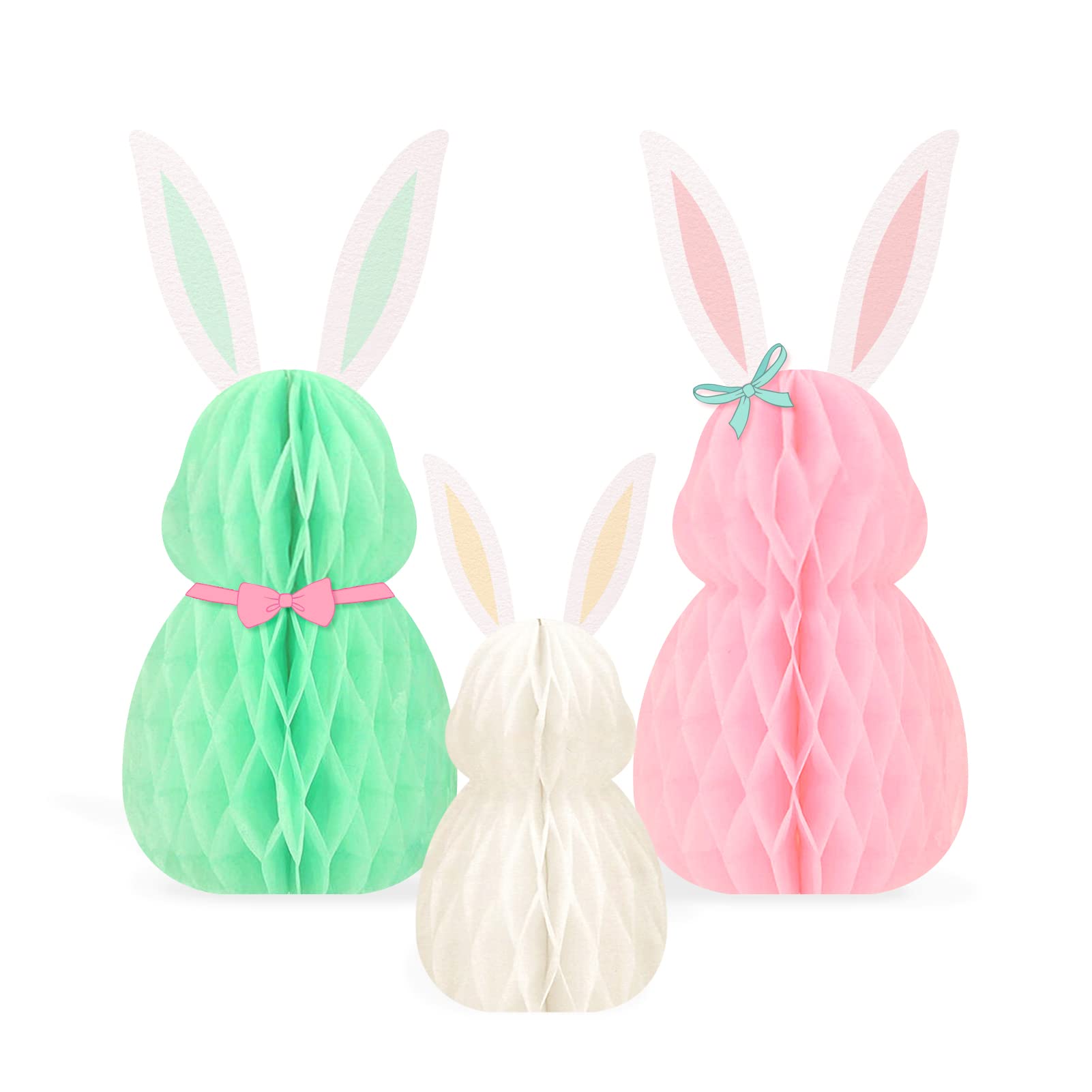 NICROLANDEE Easter Decorations - 3Pcs Mini Easter Bunny Family Honeycomb DIY Table Centerpiece Set for Spring Easter Decors, Birthday, Bunny Themed Party, Garden Party, Egg Hunt Supplies