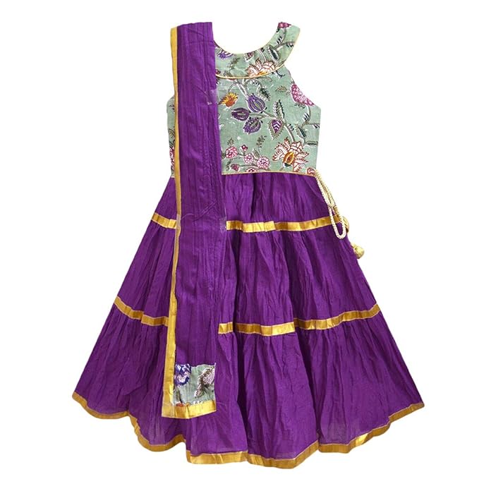 A.T.U.N By Hopscotch Baby Girls Cotton Garden Fusion Block Print Amethyst Yoke Three Piece Lehenga Set in Multi Color