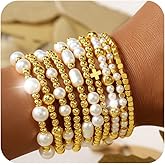 SHINUS BOHO 14K Gold Plated Beaded Pearl Stack Bracelets Sets for Women,Stackable Trendy Waterproof Ball Link Fashion Accessories Jewelry Gifts