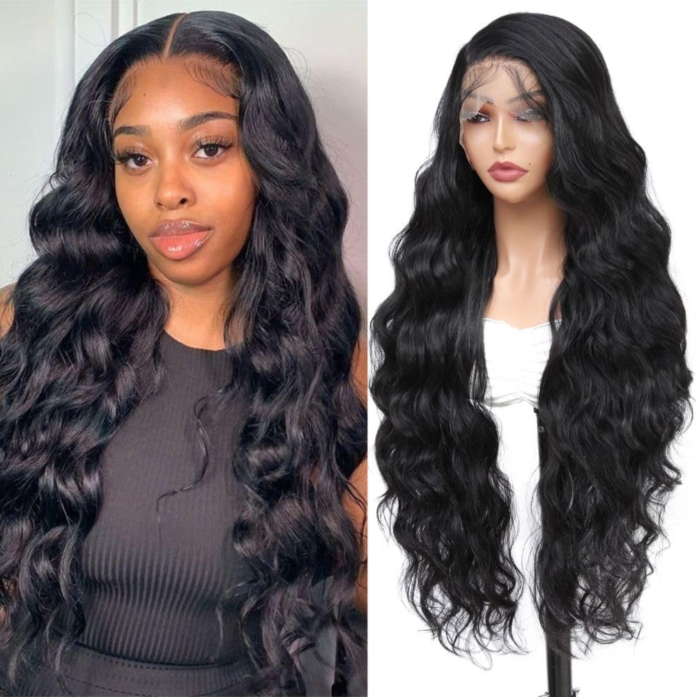 X-Tress 13x6 HD Swiss Lace Front Wig Glueless for Women, 32 Inch Body Wave Human Hair Look Wig Black, Breathable & Easy to Wear Natural Look