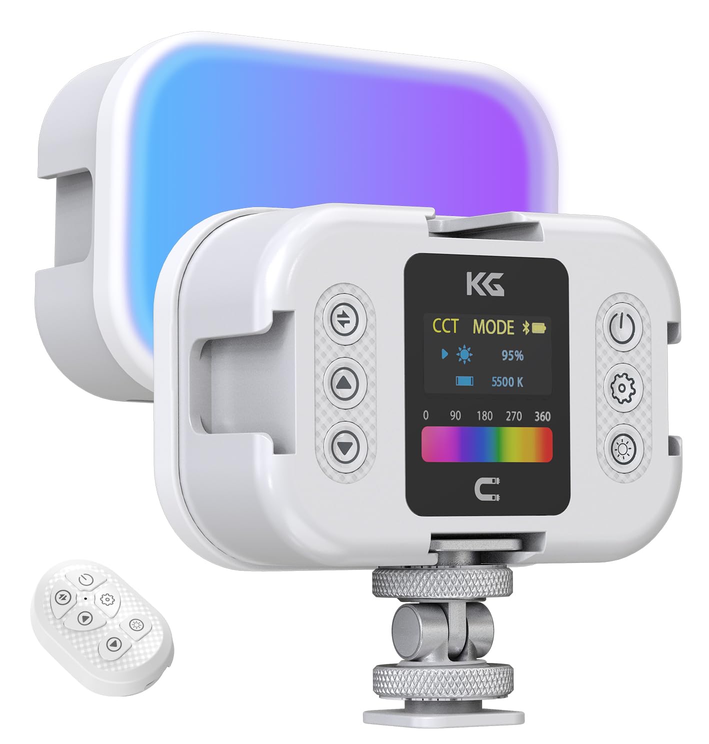 Photo 1 of KraftGeek RGB Video Light, Rechargeable LED On-Camera Light with Soft Box, Adjustable Hue & Brightness, 2000 mAh, 4 Cold Shoe Slots, 1/4" Screw Mount Adapter, LED Screen Portable Phone Selfie Light