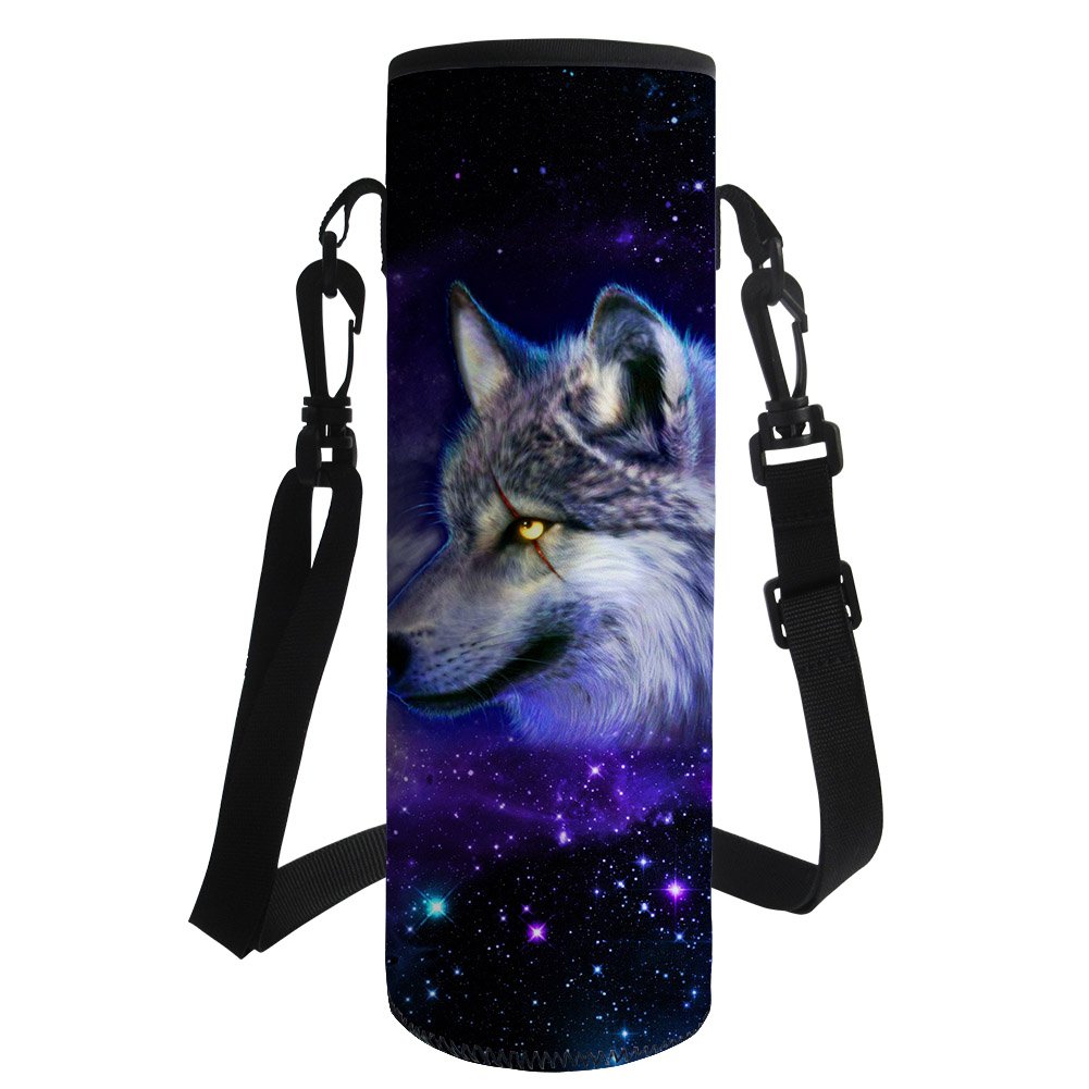 HUGS IDEA Universe Wolf Print Neoprene Water Bottle Carrier Insulated Bottle Cover for Outdoor Sport