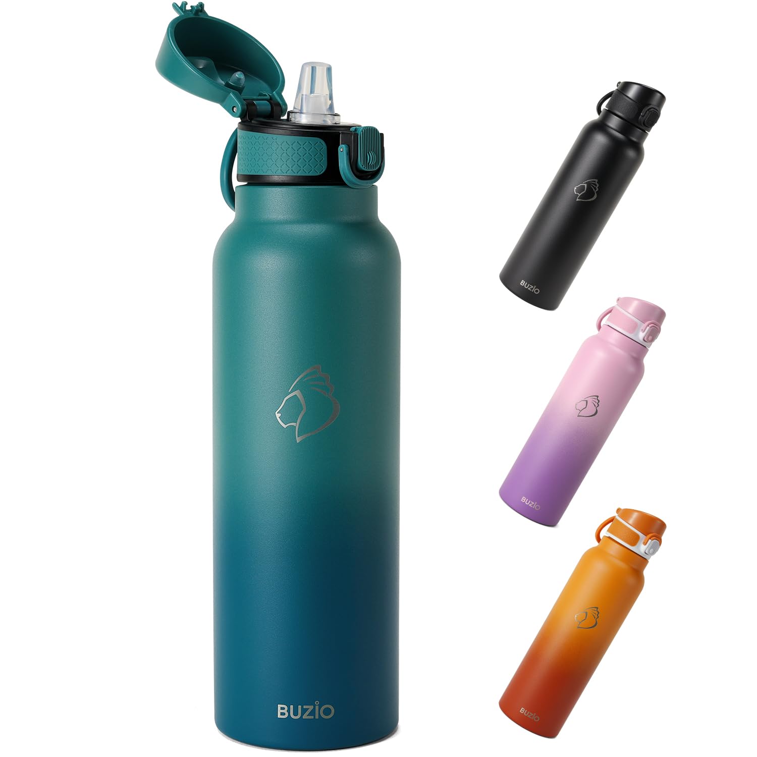BUZIO Insulated Water Bottle with Straw 1L - Stainless Steel Water Bottle with Straw 1L and POPUP Lid - BPA Free - Cold for 48 Hrs - 100% Leak Poof - 1L Water Bottle for Travel Work - Blue