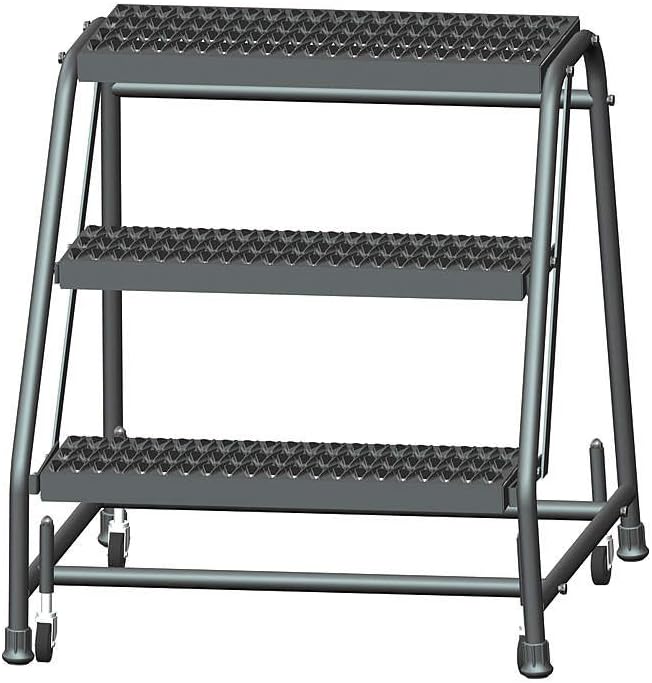 Ballymore 326G Steel Standard Rolling Ladder with Spring Loaded Casters without Handrails, Serrated Grating Tread, Unassembled, OSHA/ANSI Standard, 3 Steps, 24" Step Width, 10" Top Step Deep, Gray