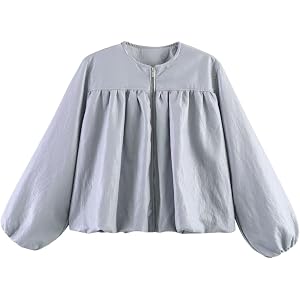 FindThy Women’s Faux Leather Bomber Jacket Casual Round Neck Pleated Balloon Sleeve Zip Up Loose Cropped PU Leather Coat