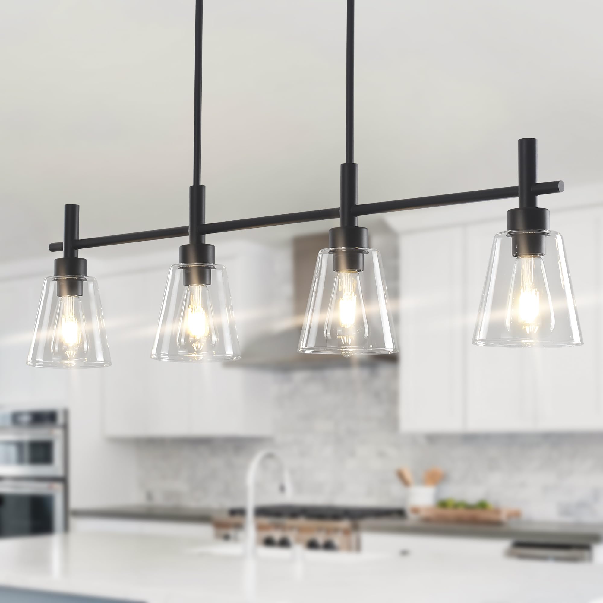 Photo 1 of *MAJOR DAMAGE*
Pavloatu Black Kitchen Island Lighting Linear Chandeliers with Glass Shades Hanging Farmhouse Pendant Light Fixtures for Dining Room, 4 Lights