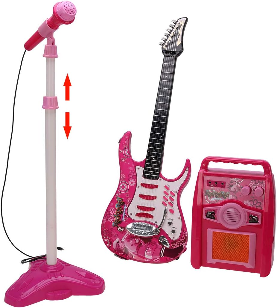 Vicoki Kids Musical Toy Karaoke Set Amplifier Electric Guitar with Microphone,72cm (Pink)