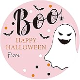 108 PCS Happy Halloween Stickers 2 Inch Self Adhesive Name Label Stickers Pink Halloween Ghost Boo Design Round Spooky Name Tag Sticker for Gift Wrapping Candy Bags Envelope Seals Party Favors