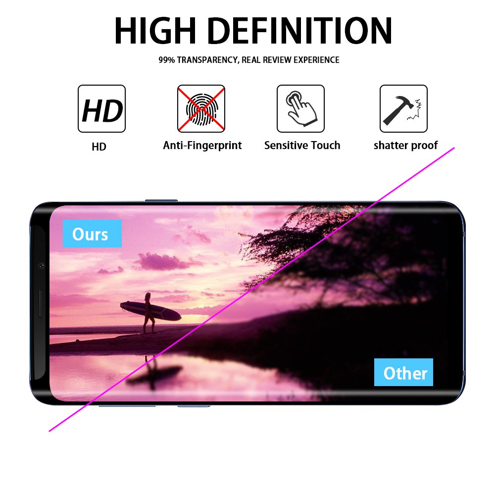 Tembin Glass Screen Protector for Galaxy S9 Plus [ Leather Case Friendly ] Full Adhesive & Full Coverage Curved Edge Screen Cover Anti-Fingerprint 9H Hardness Screen for Samsung Galaxy S9+ [ 2 Pack ]