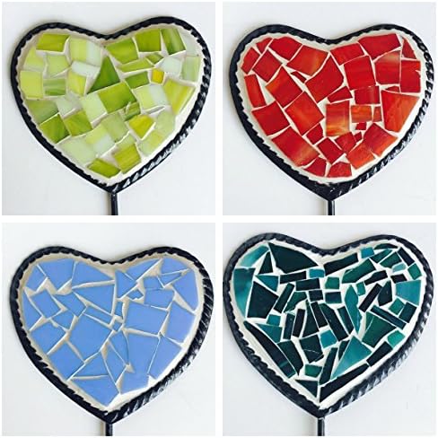 Mosaic Heart Garden Flower Pot Stakes, Stained Glass with metal stakes
