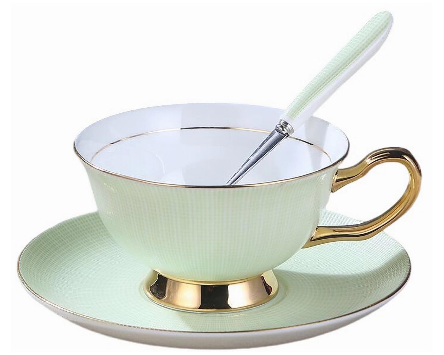 Eplze Bone China Cup and Saucer Set, 6.8oz Coffee Cup for Afternoon Tea- Embossed Texture (Green)