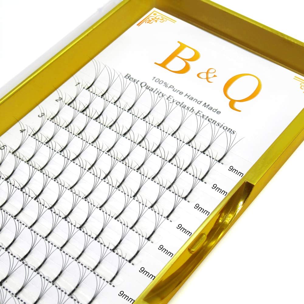 Premade Volume Eyelash Extensions 3D 4D Fans Russian Volume Eye Lash Extensions 0.07 | 0.10 mm Pre fanned Lashes Long Stem 9-15 mm Length by B&Q LASH (4D-C-0.10mm, 9 mm)