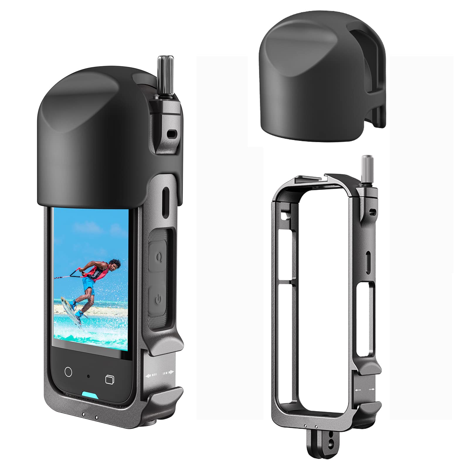 MotuTech Multi-Function Aluminium Metal Cage, Insta360 X3 One X3 Waterproof Camera Cage with 2 Cold Shoe, CNC Made Protective Frame, Silicone Lens Cap, Black