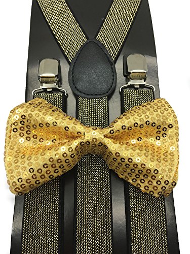 Gold Color Mens & Women Wedding Accessories Sequin Adjustable Bow Tie & Glitter Suspenders