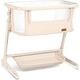 ANGELBLISS Electric Baby Bassinet, Auto Rocking Bedside Sleeper, 6 Heights with Mattress, Washable Sheet, Remote Control, 5 Speeds, 3 Timers, 12 Sounds, Wheels &amp; Storage, Beige