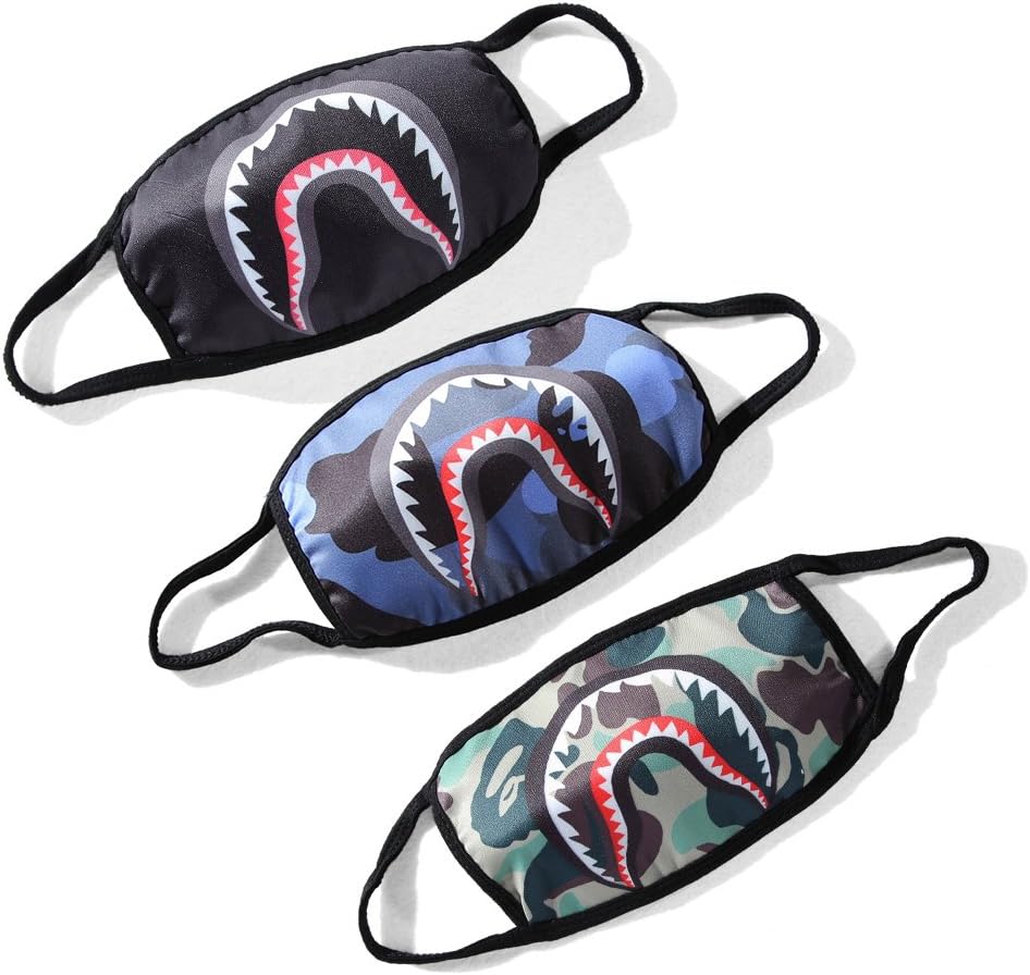 Bape Shark Face Mask for Boys Grils Kids, 3 Pack Anti Dust Cotton Mouth Masks Fashion Half Mask for Ski, Cycling, Camping, Shopping, Halloween, Christmas, Pet Grooming, (Black, Green, Blue)