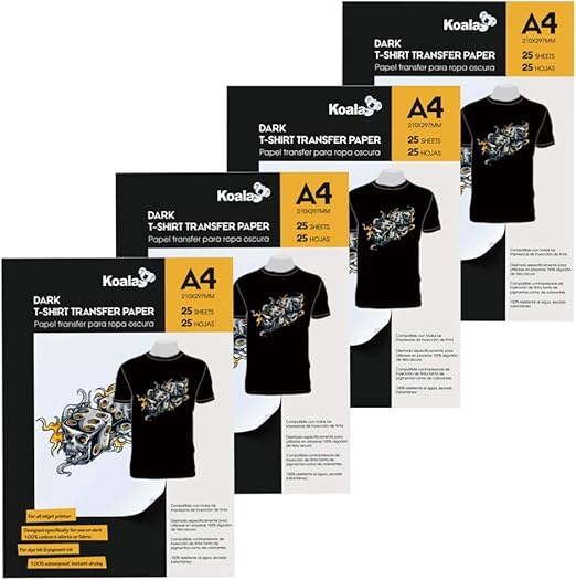 KOALA Inkjet Iron On T Shirt Transfer Paper for Dark Fabrics x 100 Sheets, A4: Amazon.co.uk 