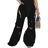 LETSVDO Women's Wide Leg Baggy Sweatpants High Waisted Patchwork Flare Pants Y2k Cut Out Multi Zipper Cargo Sweatpant